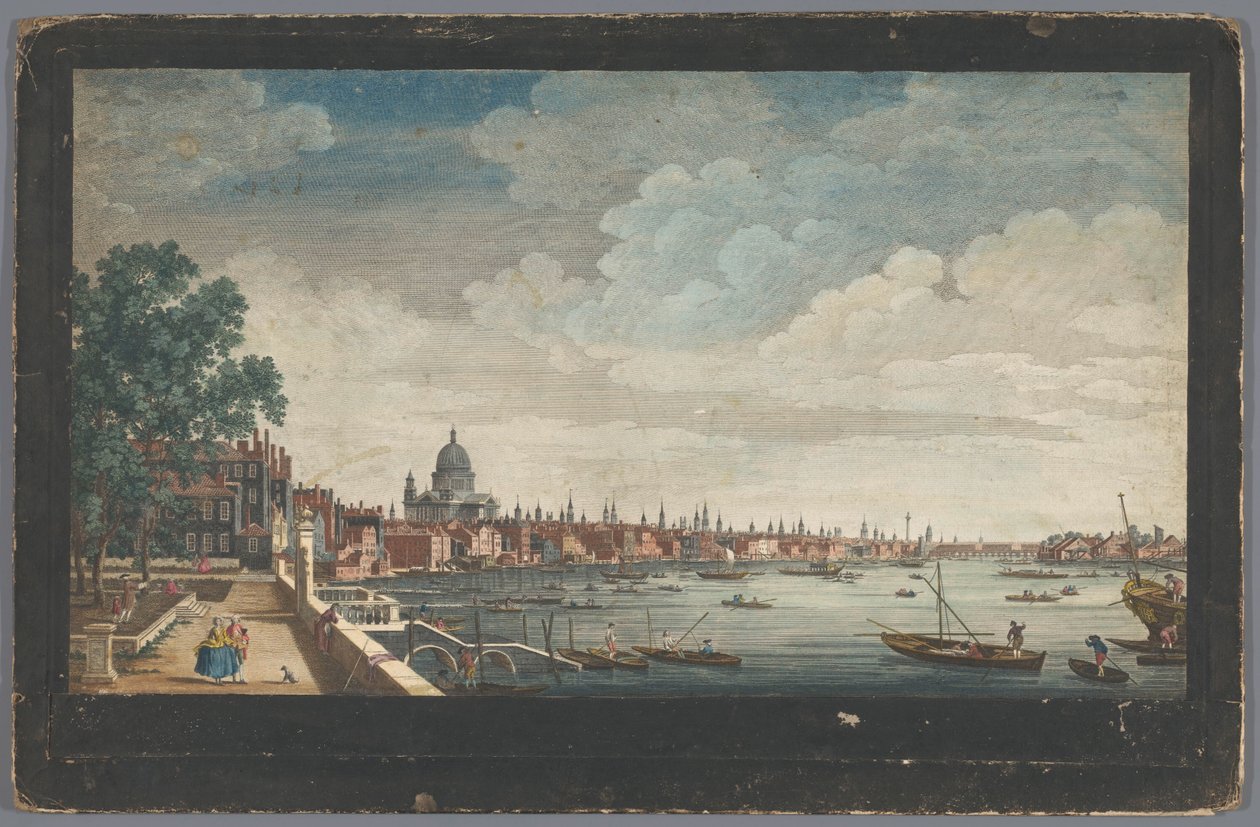 Utsikt över London Bridge över Themsen i London, sett från trädgården i Somerset House En vy från Somerset Gardens till London Bridge (titel på objekt) London (serietitel) av Robert Sayer