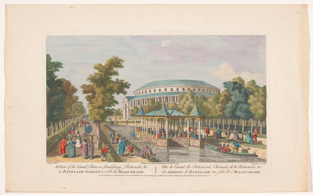 Utsikt över Rotundan och den kinesiska paviljongen på kanalen i Londons Ranelagh Gardens med en maskeradbal Utsikt över kanalen, kinesisk byggnad, Rotundo, etc. vid Ranelagh Gardens, med maskeraden (titel på objektet) Ranelagh Gardens och Vauxhall G av Robert Sayer