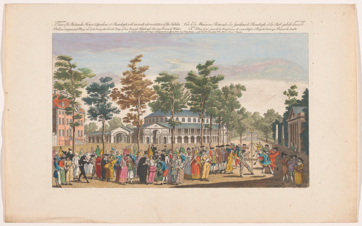 Utsikt över Rotundan i Ranelagh Gardens i London med en maskeradbal i samband med prinsen av Wales födelsedag den 24 maj 1751 En vy av Rotundo, House & Gardens vid Ranelagh, med en exakt representation av jubileumsbalen, som en av Robert Sayer