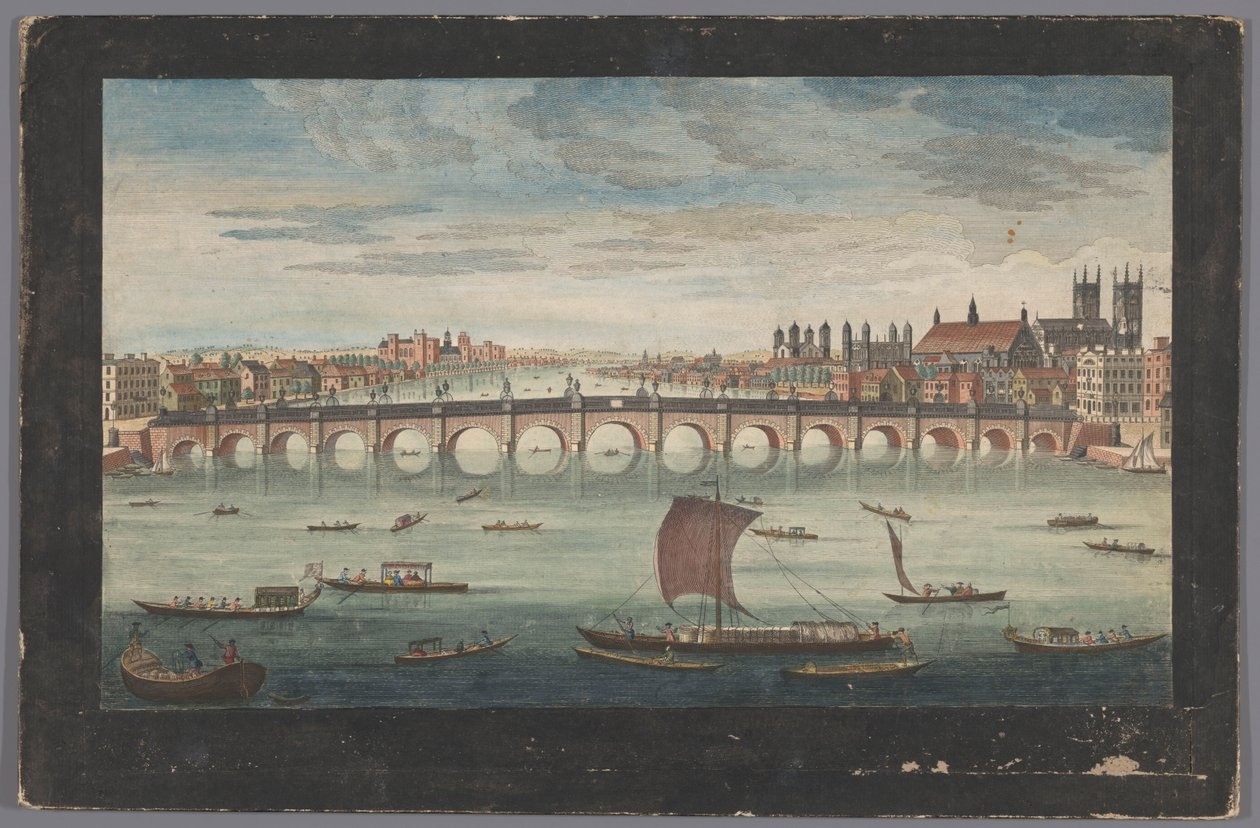 Vy över Westminster Bridge över Themsen i London, sett från norr En sydlig vy av Westminster Bridge (titel på objekt) av Robert Sayer