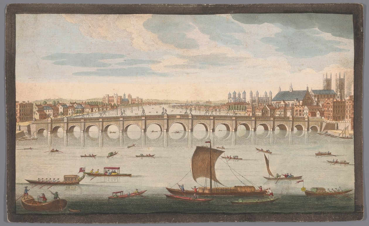 Vy över Westminster Bridge över Themsen i London, sett från norr En södervy av Westminster Bridge (titel på objekt) av Robert Sayer