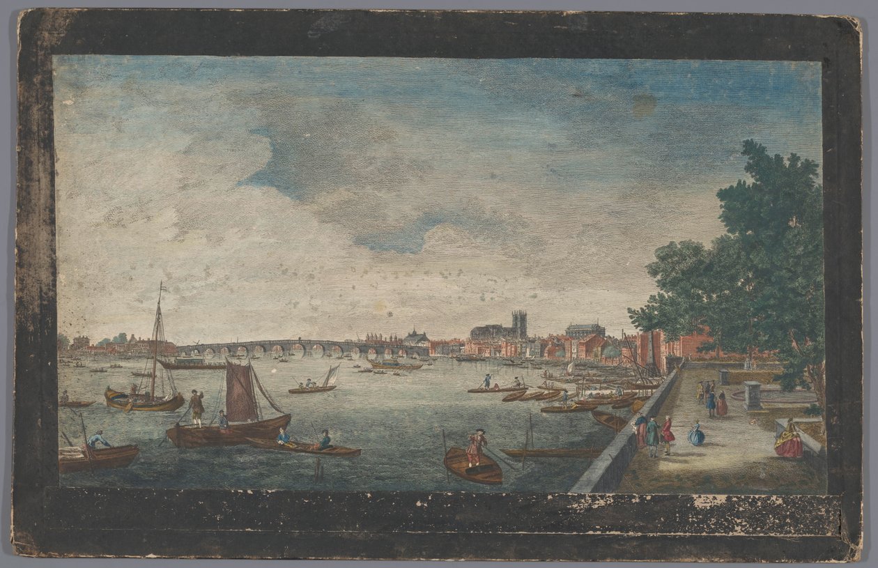 Vy över Westminster Bridge över Themsen i London, sett från trädgården i Somerset House En vy från Somerset Gardens till Westminster Bridge (titel på objekt) London (serietitel) av Robert Sayer