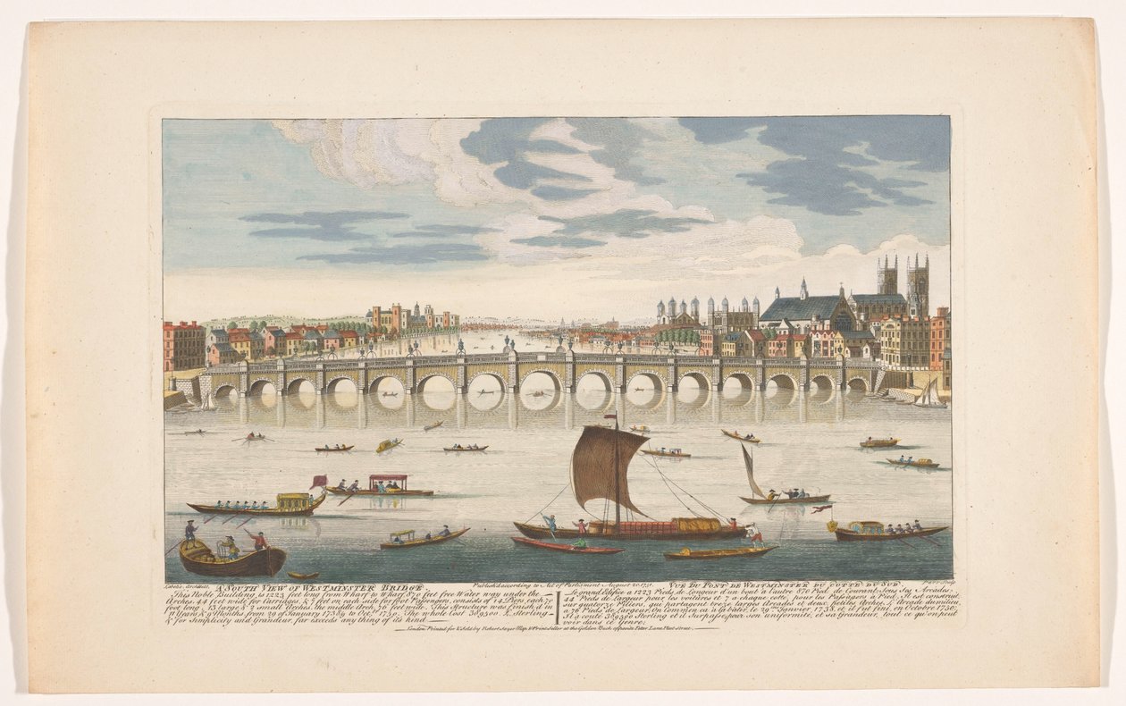 Vy över Westminster Bridge över Themsen i London, sett från norr En södervy av Westminster Bridge (titel på objekt) av Robert Sayer