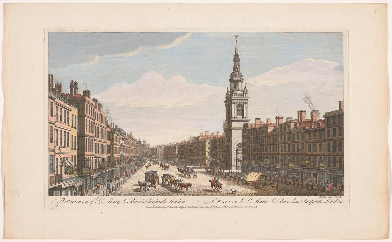 Vy över kyrkan Saint Mary-le-Bow på Cheapside street i London Kyrkan St Mary le Bow i Cheapside London (titel på objekt) London (serietitel) av Robert Sayer