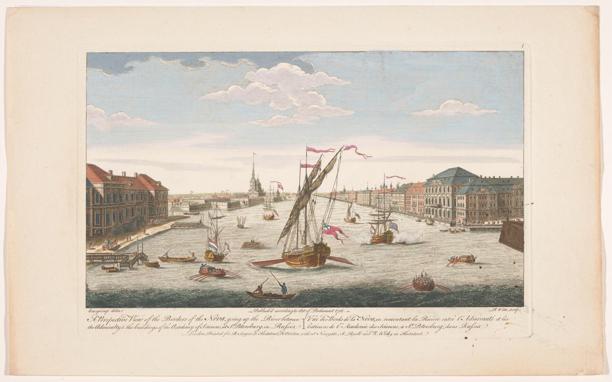 Utsikt över floden Neva i Sankt Petersburg, sett mot strömmen En perspektivvy av Nevas gränser, på väg uppför floden (...) (titel på objekt) av Robert Sayer