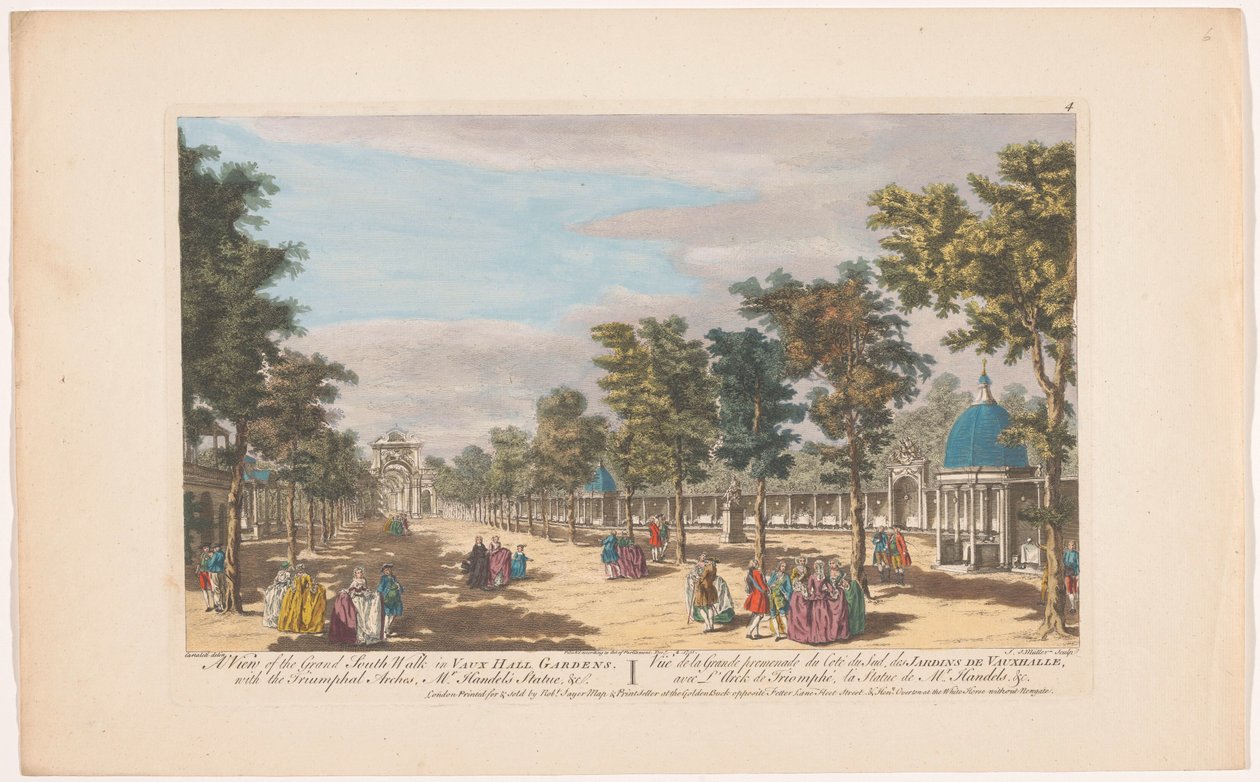 Utsikt över en aveny med en triumfbåge i Vauxhall Gardens i London En vy över den stora söderpromenaden i Vauxhall Gardens. Med triumfbågarna, Mr. Händels staty, &c (titel på föremål) Ranelagh Gardens och Vauxhall Gardens (serietitel) av Robert Sayer