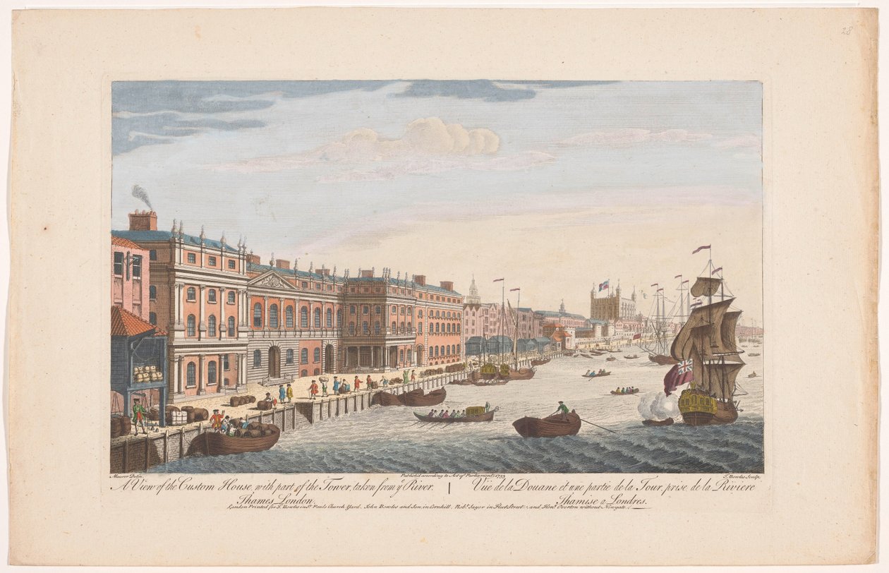 Utsikt över Custom House vid Themsen i London En vy av Custom House med en del av The Tower, taget från ye river. Thames London (titel på objekt) London (serietitel) av Robert Sayer