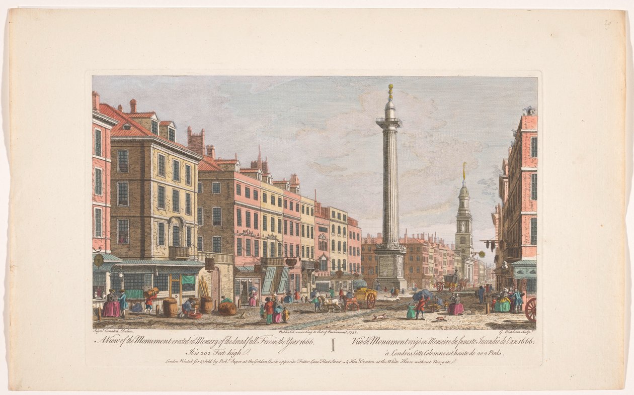 Se över monumentet till den stora branden i London En vy av monumentet som restes till minne av den fruktansvärda branden år 1666 (...) (titel på objektet) Londen (serietitel) av Robert Sayer