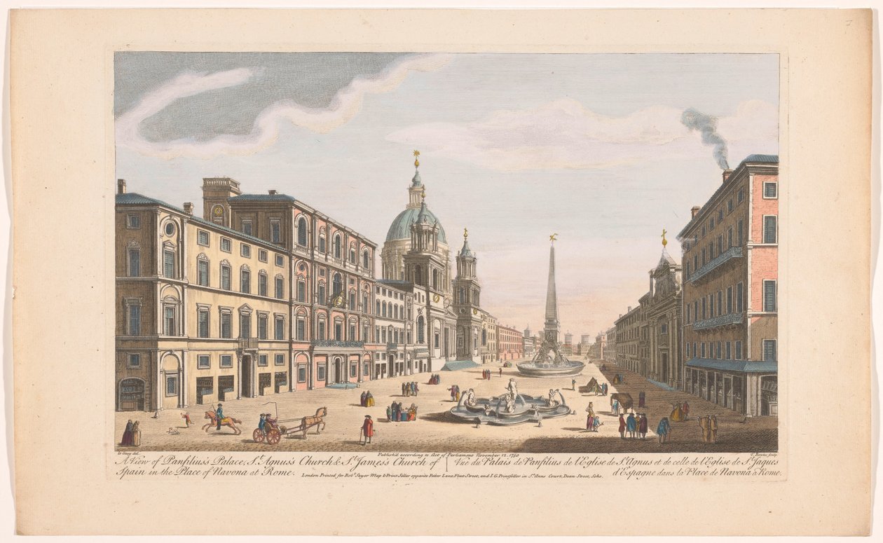 Se på Palazzo Pamphili på Piazza Navona i Rom Utsikt över Panfilius palats, St. Agnus kyrka och St. James kyrka i Spanien på Place of Navona i Rom (titel på objektet) Rom (serietitel) av Robert Sayer