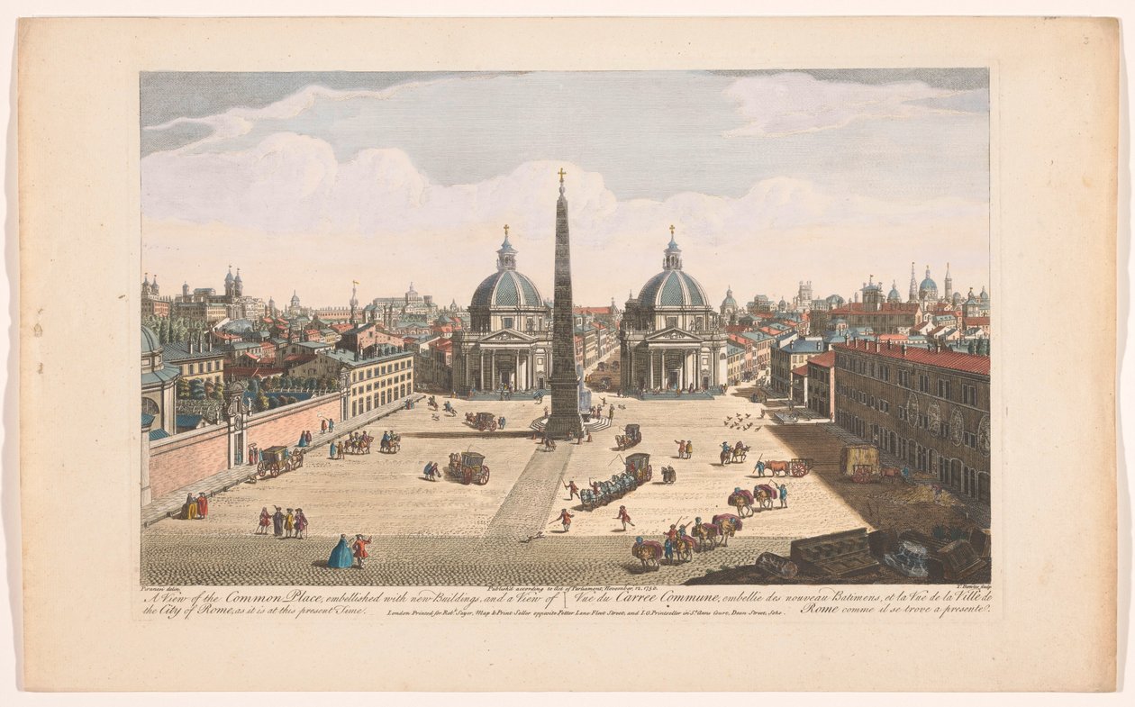 Se på Piazza del Popolo i Rom En vy över den gemensamma platsen, utsmyckad med nya byggnader, och en vy över staden Rom, som den är för närvarande (titel på objektet) Rom (serietitel) av Robert Sayer