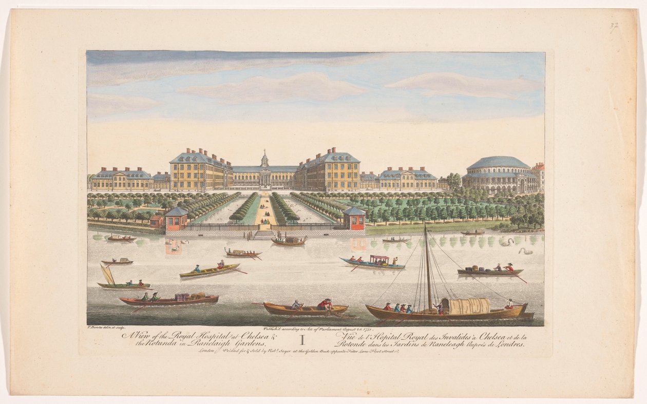 Utsikt över Royal Hospital Chelsea och Rotundan i Ranelagh Gardens i London Utsikt över Royal Hospital i Chelsea & Rotundan i Ranelaigh Gardens (titel på objektet) London (serietitel) av Robert Sayer