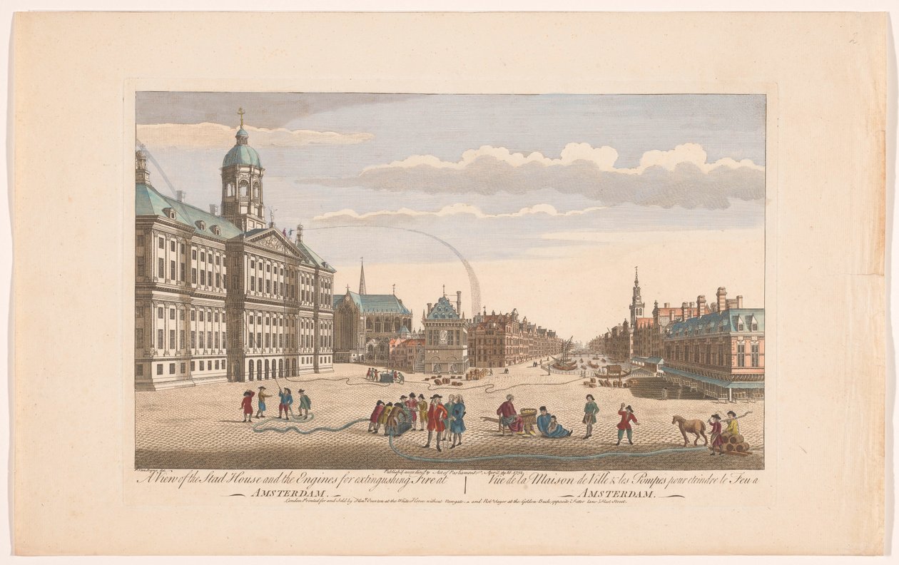 Utsikt över stadshuset i Amsterdam med brandmän på torget Dam En vy av Stadshuset och motorerna för att släcka brand i Amsterdam (titel på objektet) Holland (serietitel) av Robert Sayer