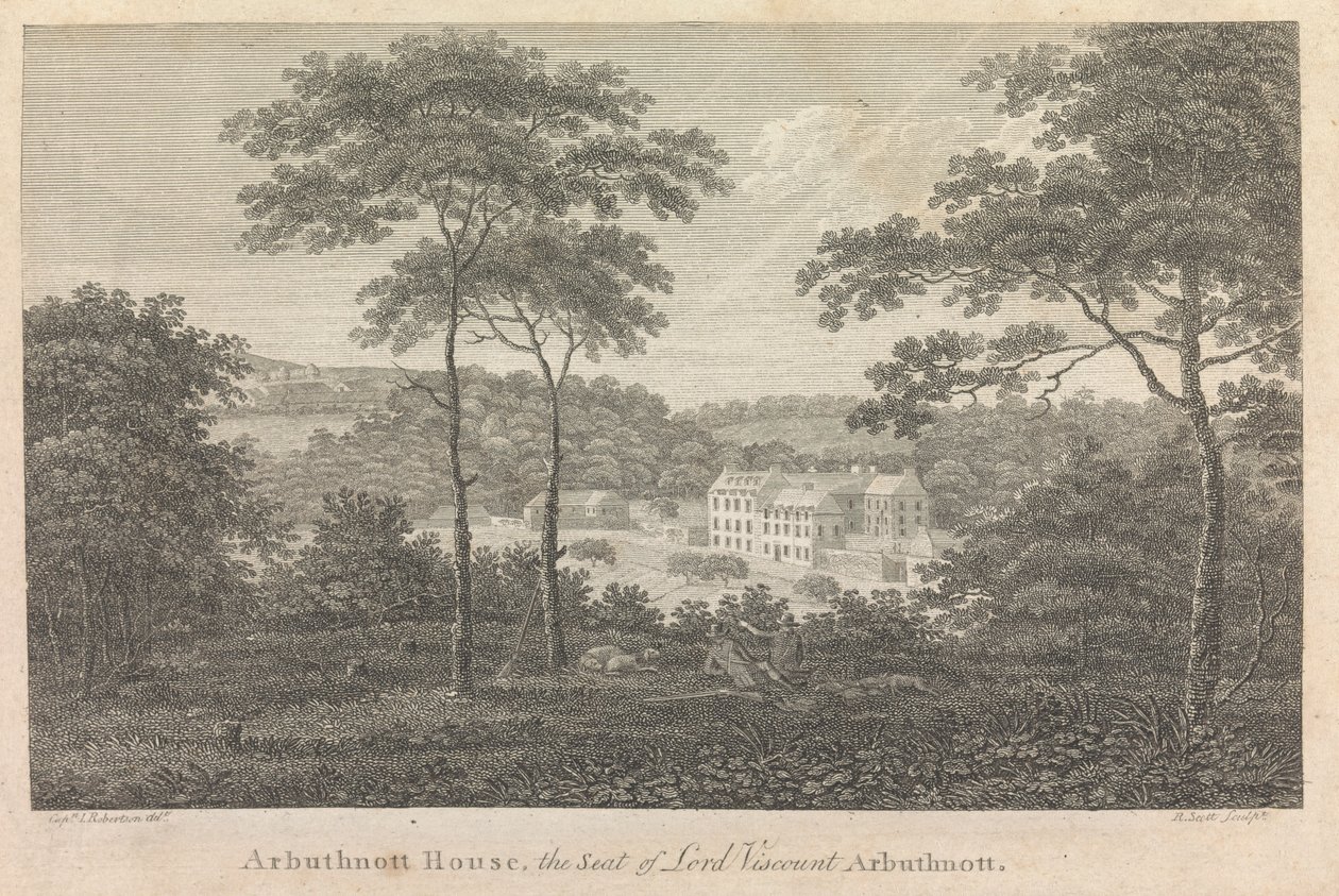 Arbuthnott House, säte för Lord Viscount Arbuthnott; sida 10 (volym ett) av Robert Scott