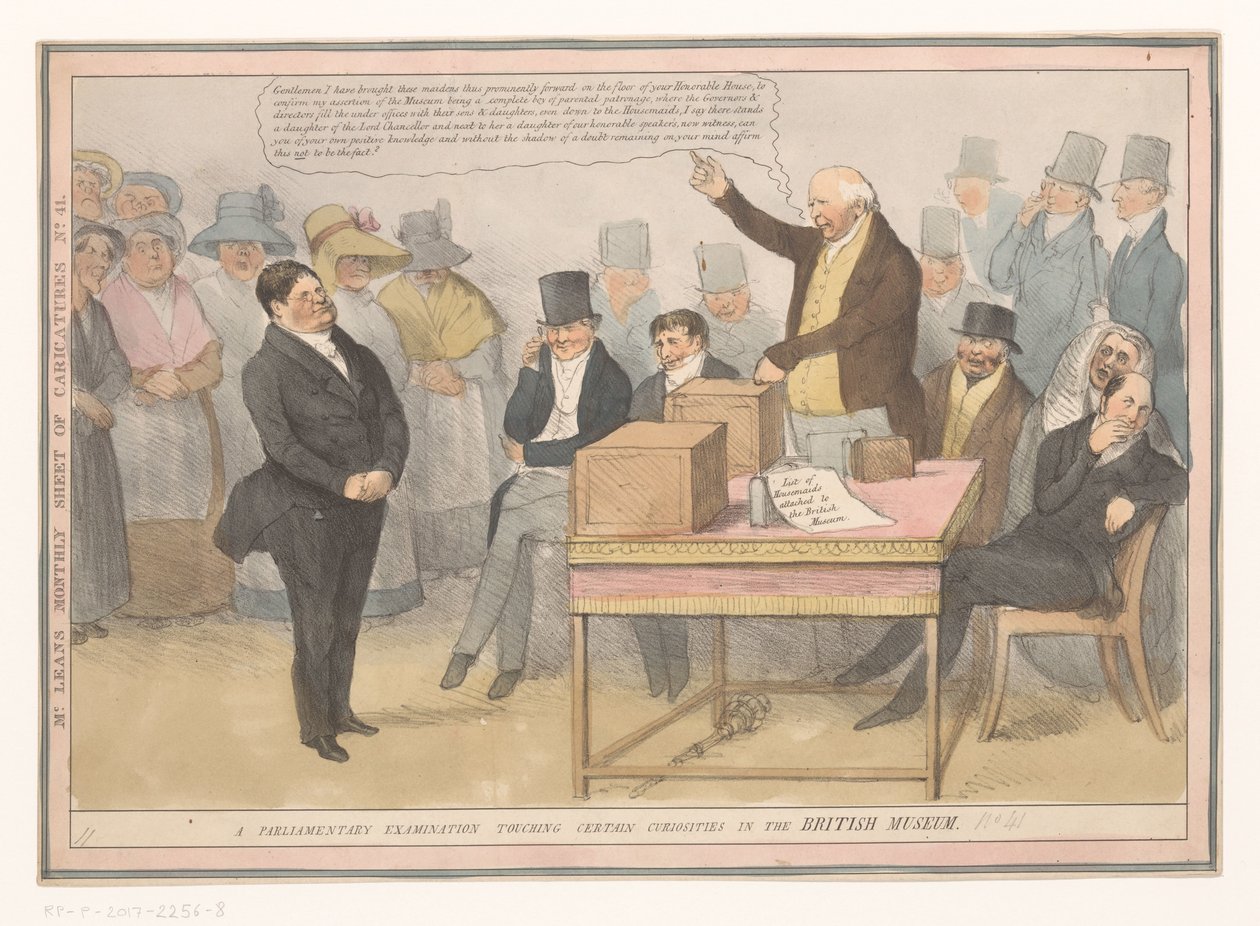 Spotprent över British Museum En parlamentarisk undersökning som rör vissa kuriosa i British Museum (titel på objekt) Månadsblad med karikatyrer nr 41. (titel på objekt) av Robert Seymour (possibly)