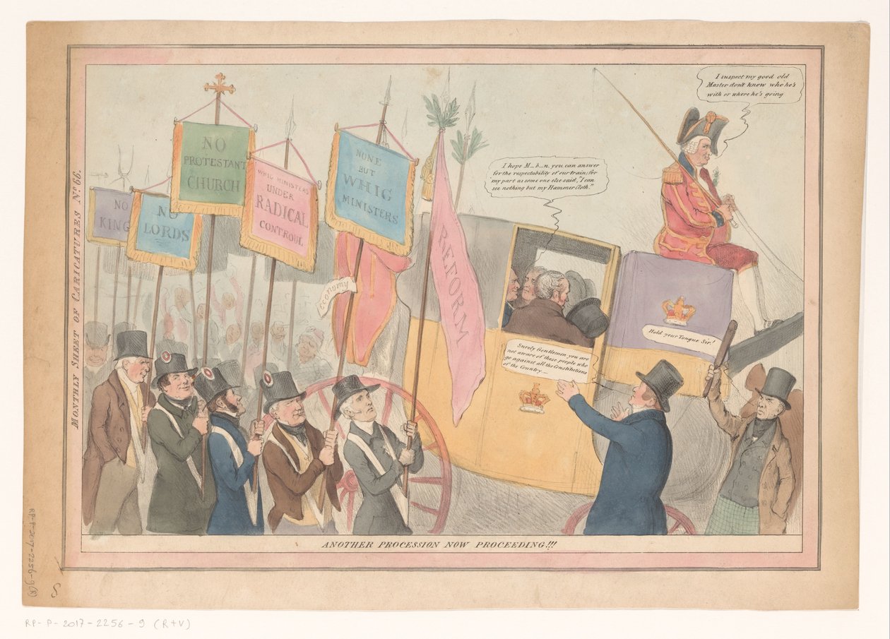 Tecknad film om engelsk inrikespolitik Ännu en procession pågår nu!!! (titel på objekt) Månadsblad med karikatyrer nr. 66. (titel på objekt) av Robert Seymour (possibly)
