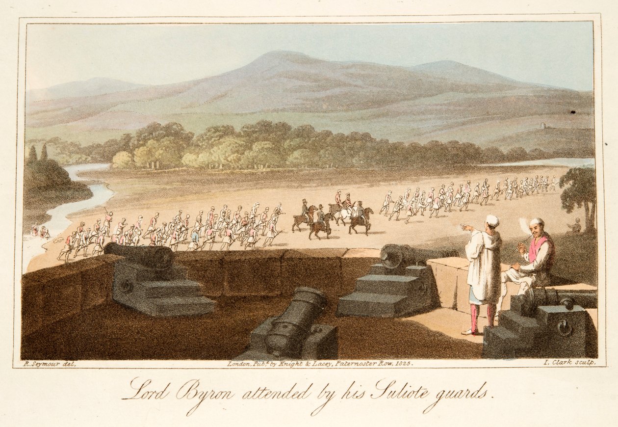 Lord Byron besöktes av hans Suliote Guards, pub. 1825. av Robert Seymour