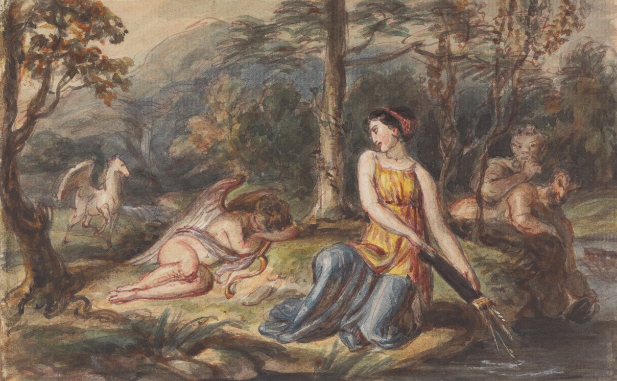 Diana, jaktens gudinna, med satyrer, sovande Amor och en Pegasus i ett skogslandskap av Robert Smirke