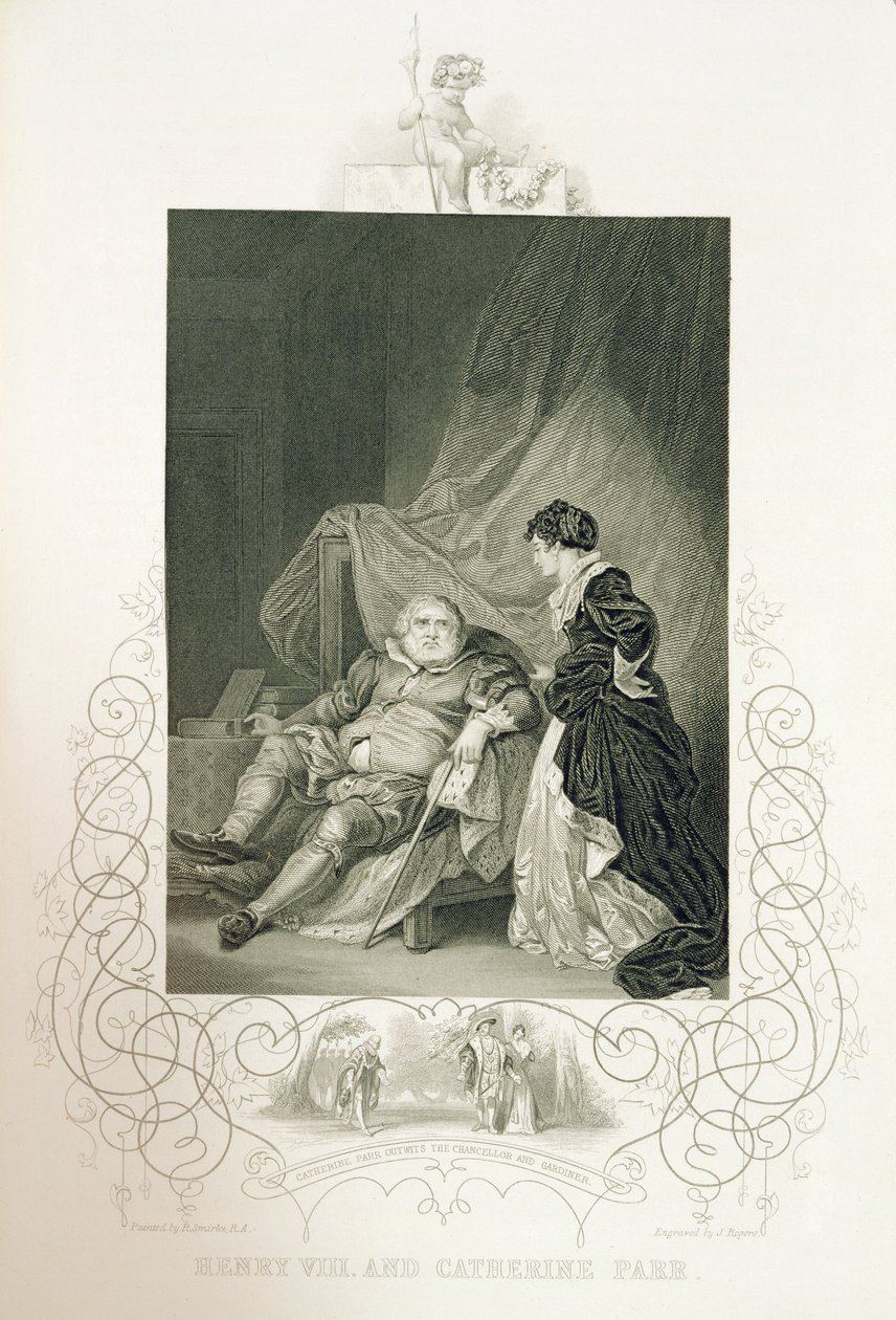 Henry VIII och Catherine Parr, i pjäsen Henry VIII eller "Allt är sant" av William Shakespeare (1564-1616) graverad av J. Rogers av Robert Smirke