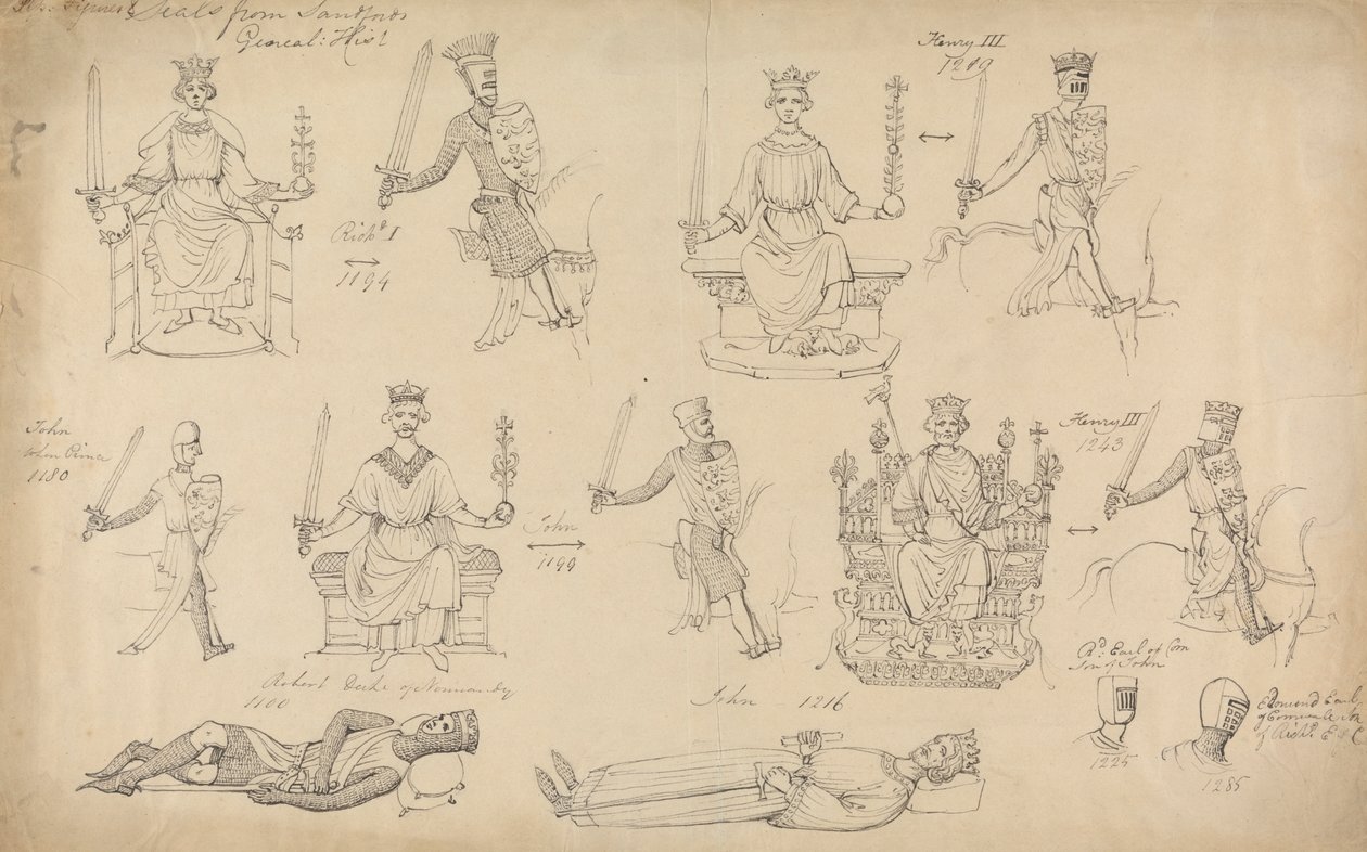 Studier av figurer och sigill från Sandfords Geneal History av Robert Smirke