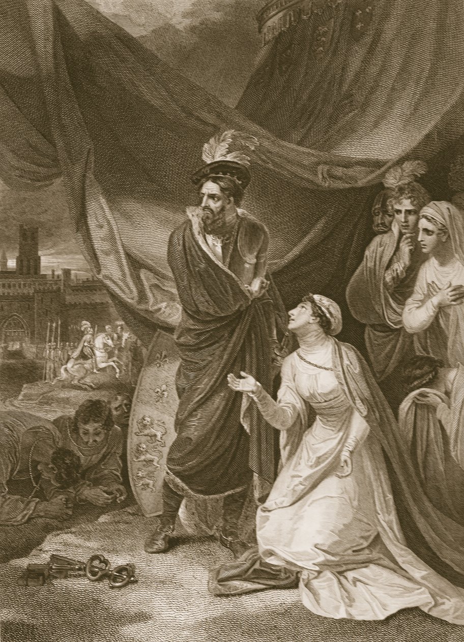 The Surrender of Calais, graverad av A. Smith, illustration från David Humes "The History of England", pub. av R. Bowyer, London, 1812 av Robert Smirke