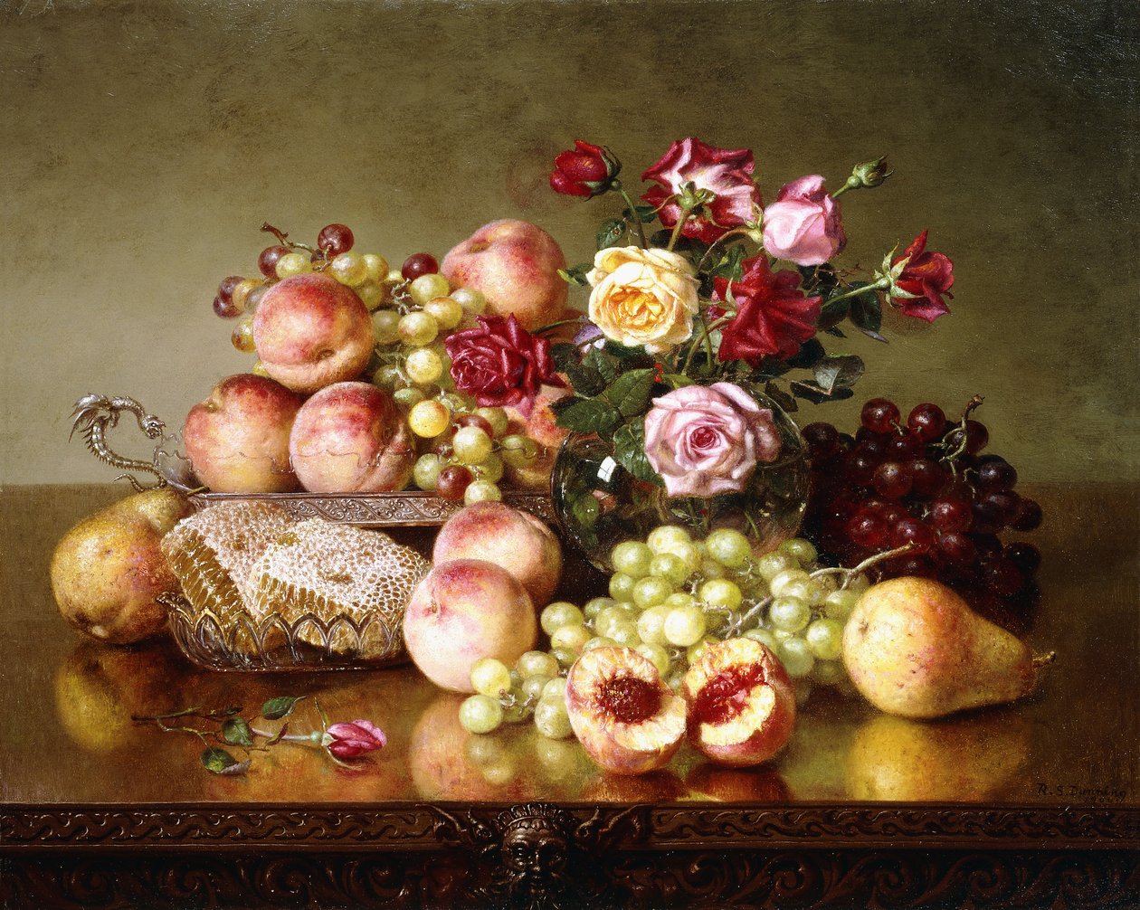 Fruktstilleben med rosor och honungskaka, 1904 av Robert Spear Dunning