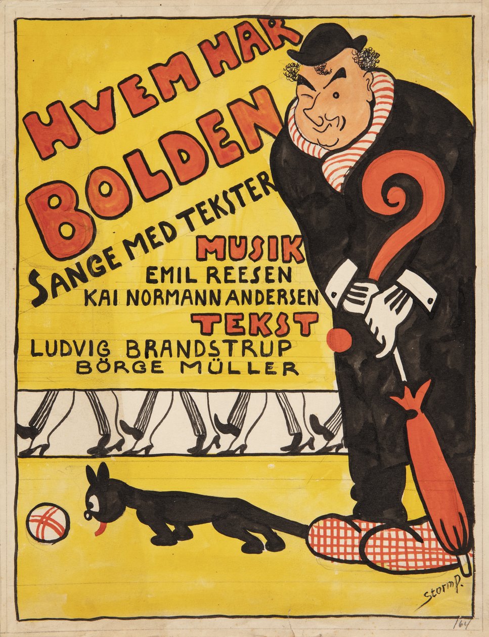 Layout för titelblad för "Hvem har Bolden". Karikerat porträtt av Carl Alstrup av Robert Storm Petersen