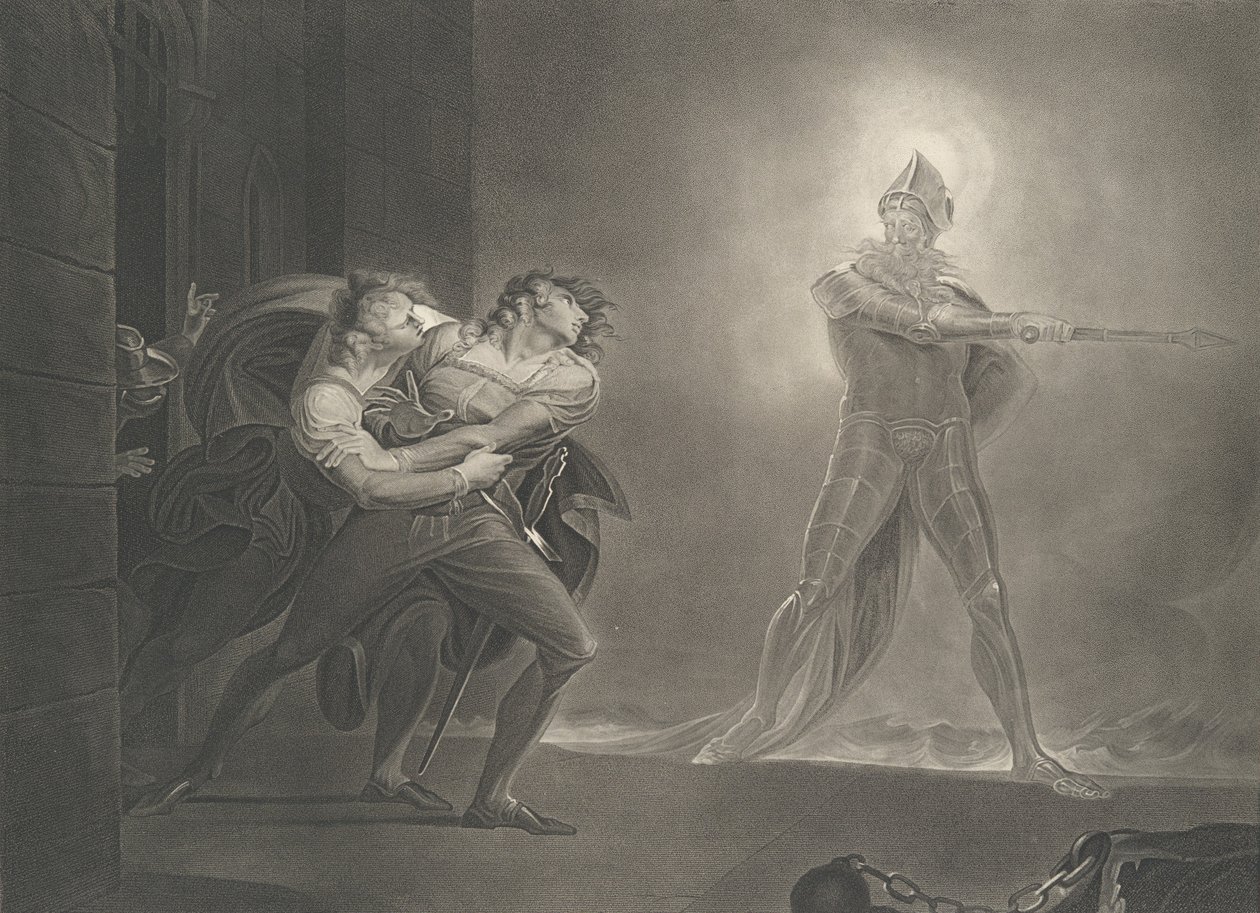 Hamlet, Horatio, Marcellus and the Ghost Shakespeare, Haml..., publicerad första gången 1796, återutgiven 1852. av Robert Thew