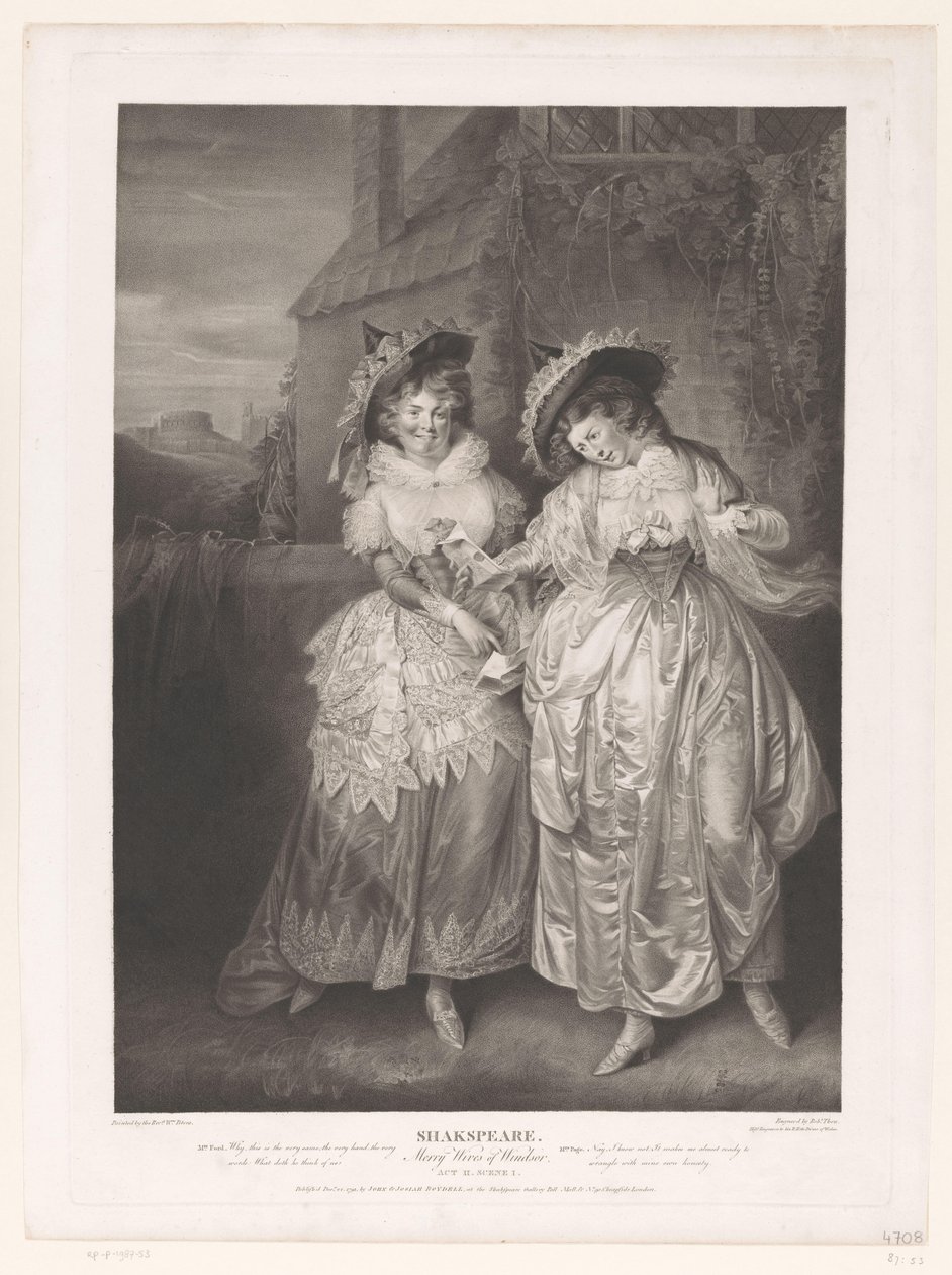 Mrs Ford och Mrs Page med John Falstaffs kärleksbrev Shakspeare, Merry Wives of Windsor (titel på objekt) Tryck efter målningar från Boydell