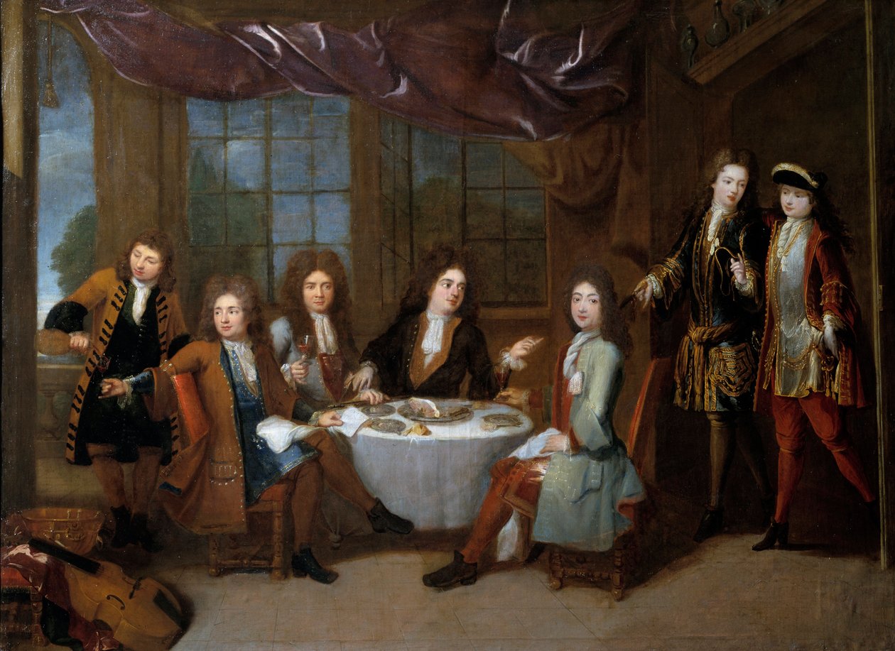 Skinka frukost. Adelns män delar en kallskuret middag. Målning av Robert Levrac Tournieres (1667-1752) av Robert Tournieres