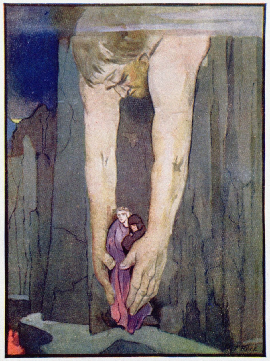 Antaeus sätter ner Vergilius och Dante i helvetets sista cirkel, ca 1910 (färg litho) av Robert Traill Rose