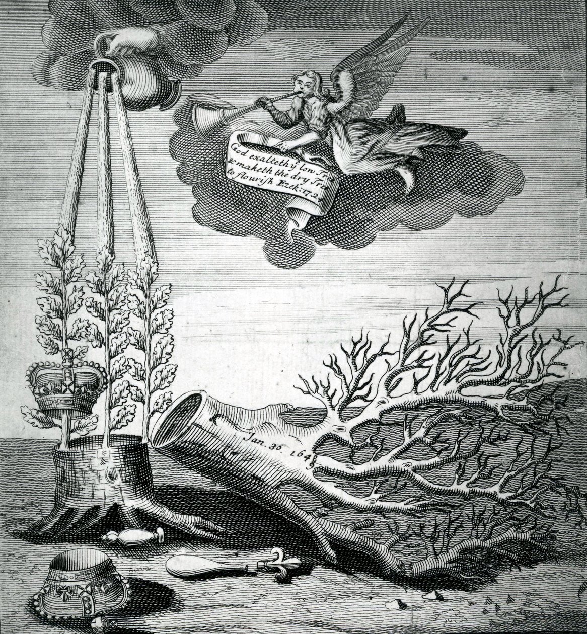 Emblematiskt tryck som hänvisar till avrättningen av Karl I och Stuart-tronföljden, 1715 av Robert Vaughan