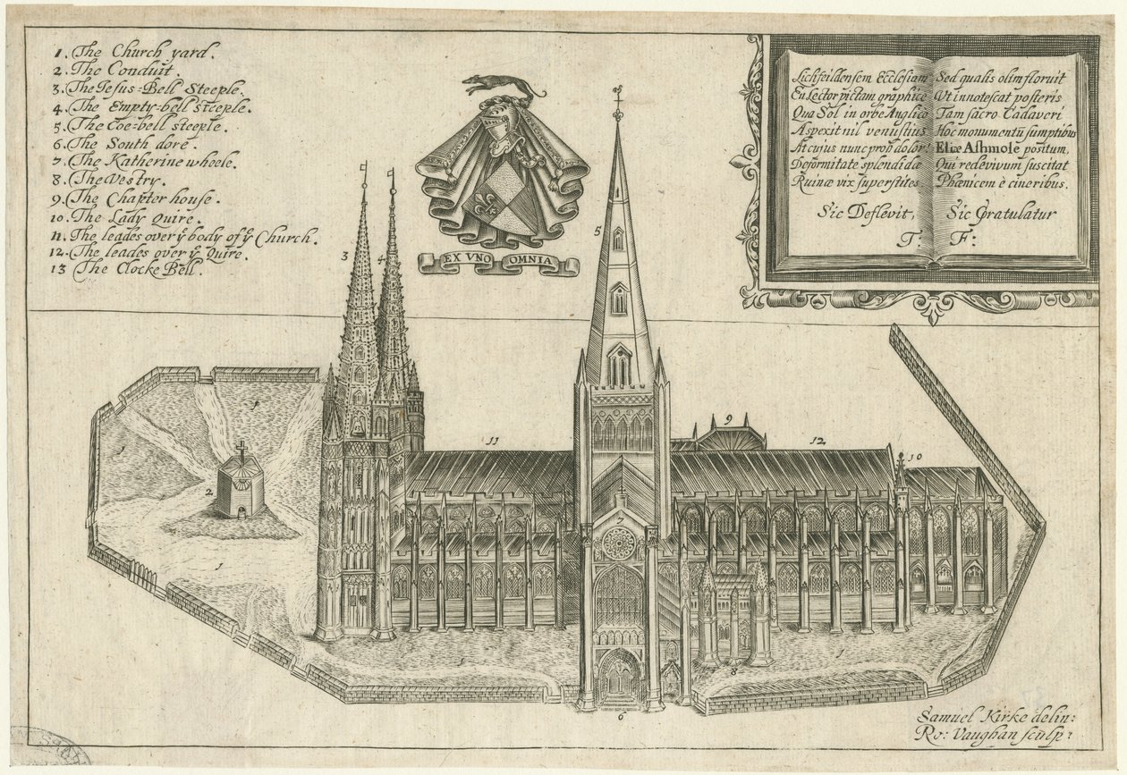 Lichfield Cathedral - South View: kopparplåtgravyr och [1600-talet] av Robert Vaughan