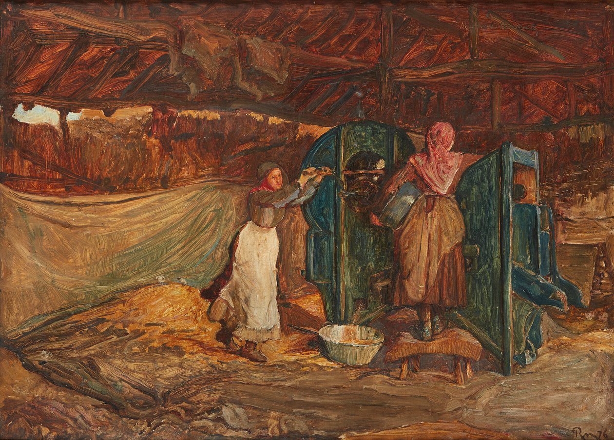 Milling the Grain (olja på duk) av Robert Walker Macbeth