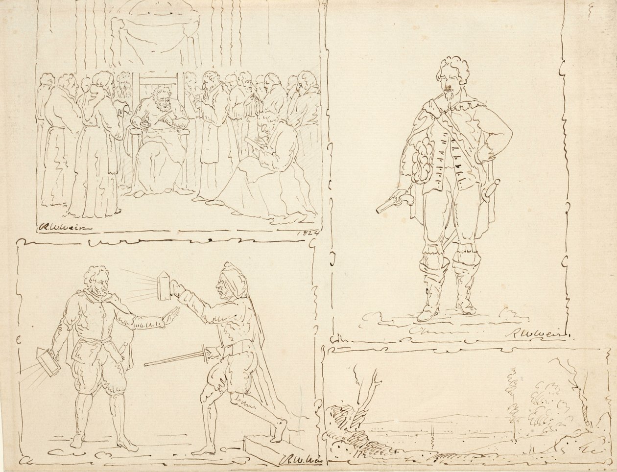 Fyra skisser, 1824 (penna & brunt bläck på bufflagd papper) av Robert Walter Weir