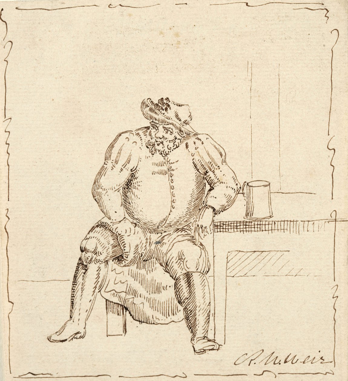 Skiss på sittande man med mugg, möjligen Falstaff av Robert Walter Weir