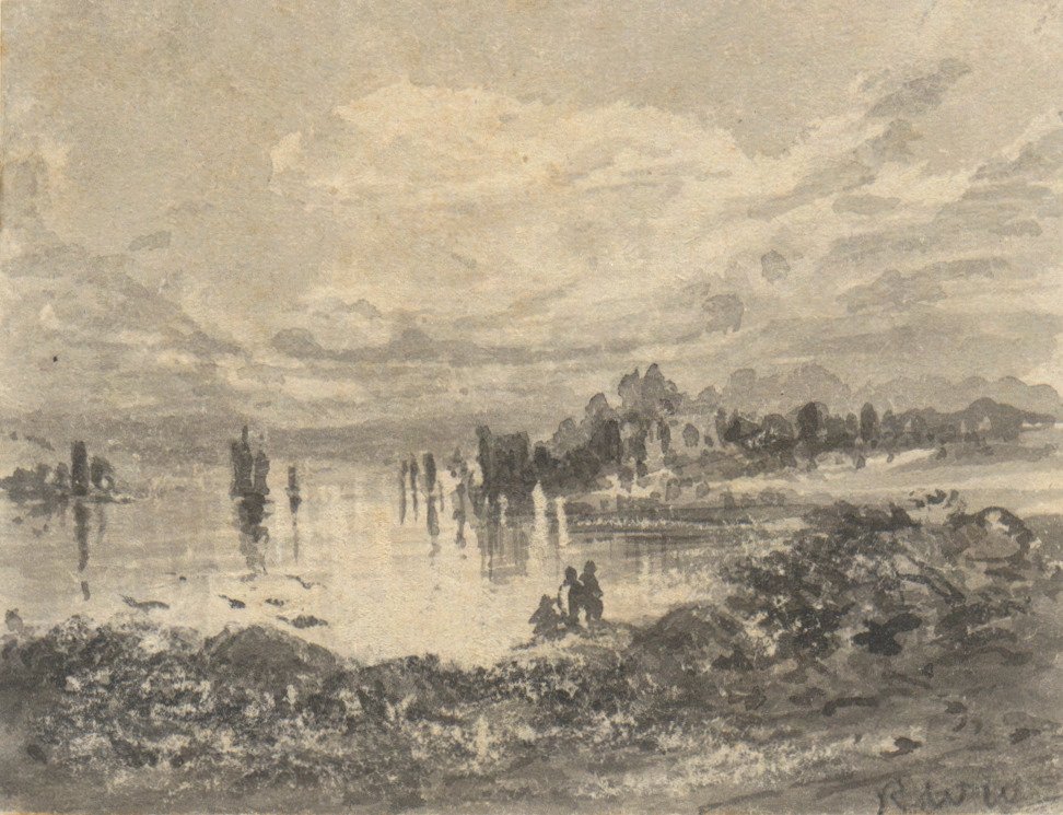Utsikt över sjön och bergen med figurer av Robert Walter Weir