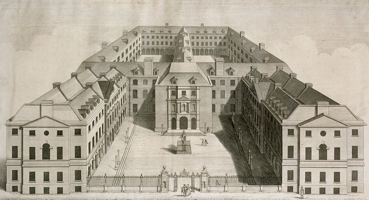 Fågelperspektiv över Guys Hospital, Southwark, med figurer på innergården, graverad av William Henry Toms, ca 1756 av Robert West