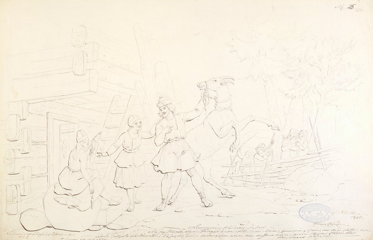 Lemminkäinen och Hiiden Hirvi ; Originalritning till serien "Kalewala, Finsk National-dikt, framställd i teckningar af R.W.Ekman" av Robert Wilhelm Ekman