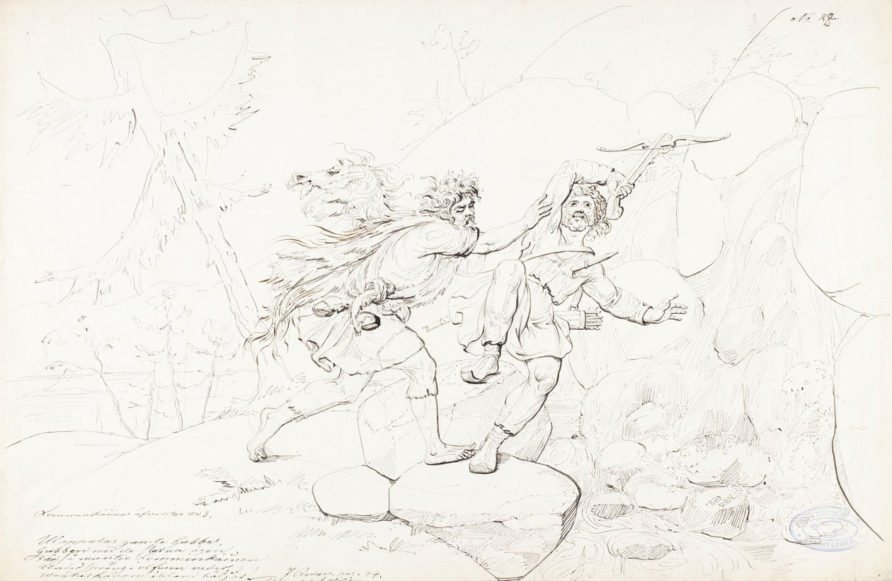 Death of a pet ; Originalteckning till serien "Kalewala, Fink National-dikt, framställd i teckningar af R.W.Ekman" av Robert Wilhelm Ekman