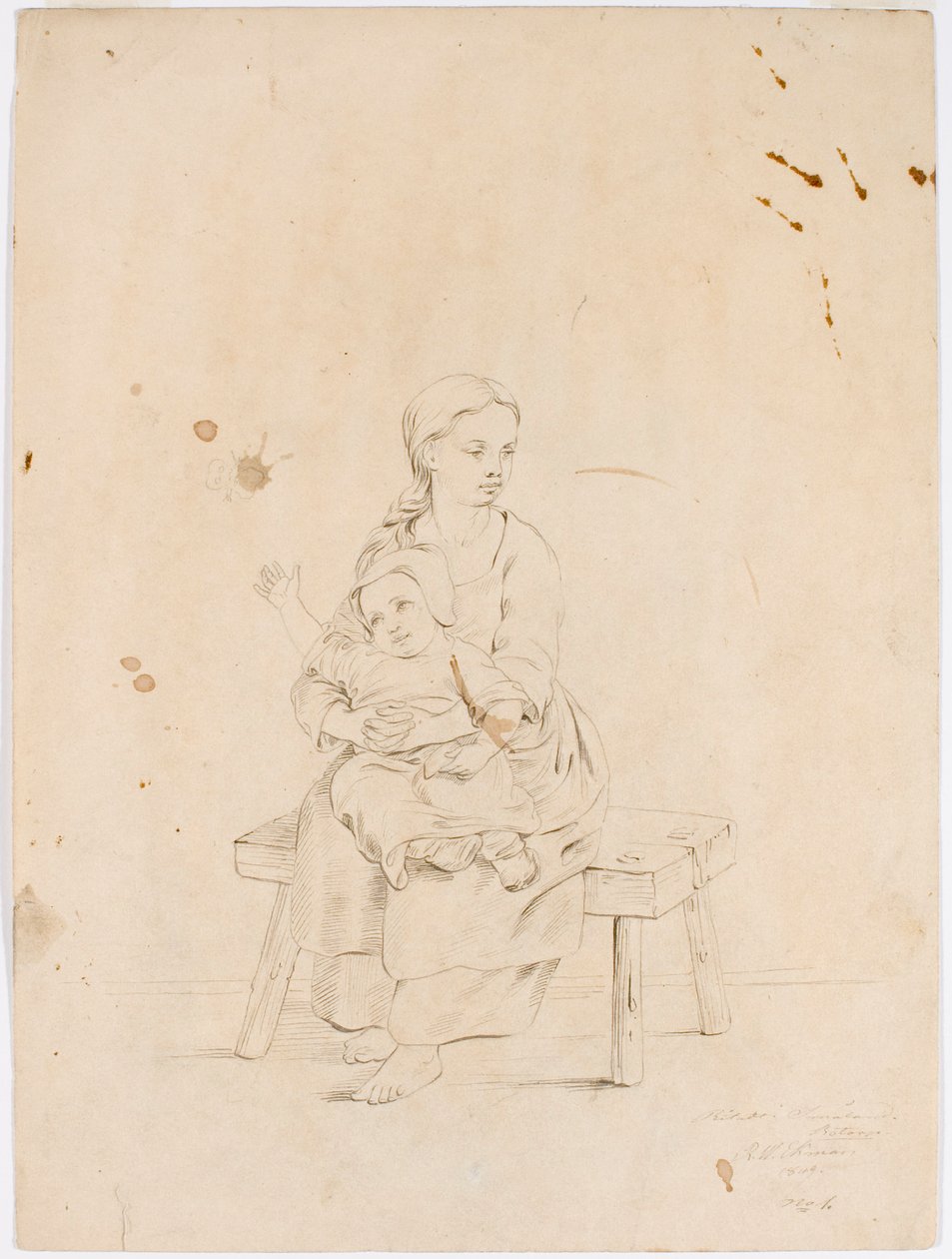 Ung kvinna sitter på en bänk med ett litet barn i famnen av Robert Wilhelm Ekman