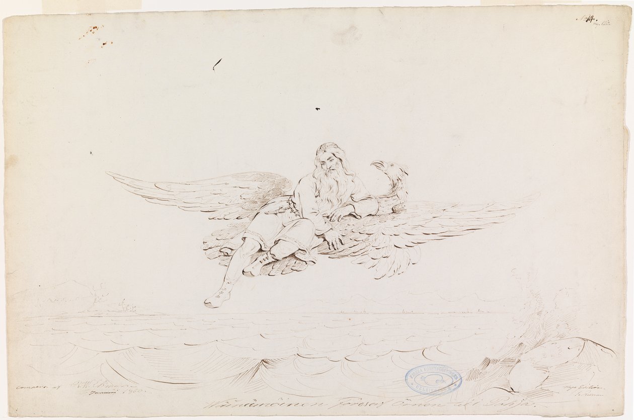 Väinämöinen Carried by an Eagle ; Original drawing for "Kalewala, Finsk National-dikt, framställd i teckningar af R.W.Ekman" av Robert Wilhelm Ekman
