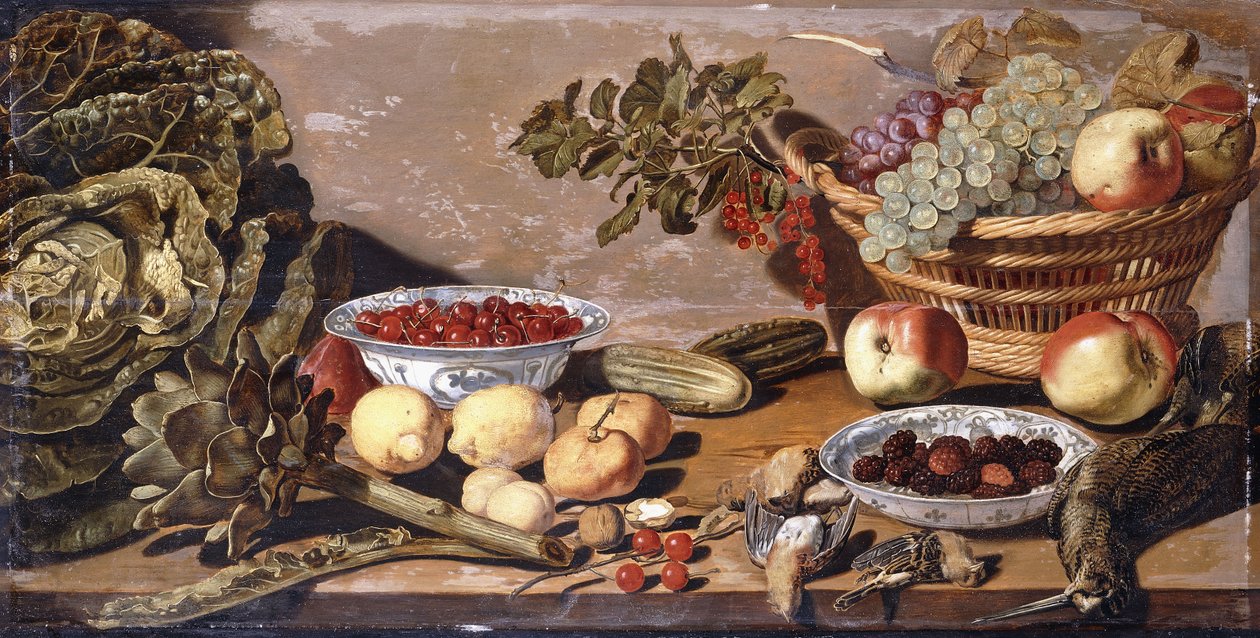 Skålar med körsbär och björnbär, en korg med vindruvor, äpplen och röda vinbär, en kål, kronärtskocka, citroner, gerkinsnötter, annan frukt, död snipa och trastar på ett bord av Robert Willemsz de Baudous