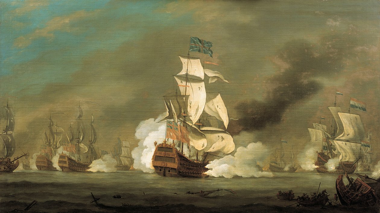 En strid mellan engelska och holländska fartyg, tidigt 1700-tal (olja på duk) av Robert Woodcock