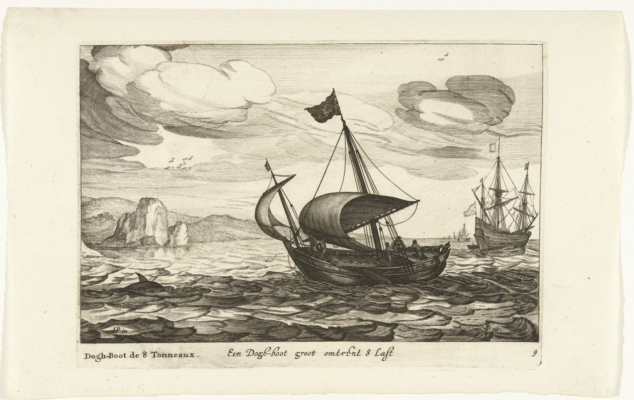Dogger av dogboot Een Dogh-boot groot om 8 Last / Dogh-Boot de 8 Tonneaux (titel på objekt) Hollandse scheepstypen, 1627 (serietitel) Olika fartyg Don ton se sert dans les Unies Provinces / Ikoner för olika holländska fartyg vars användning är maxi av Robert de Baudous (possibly)