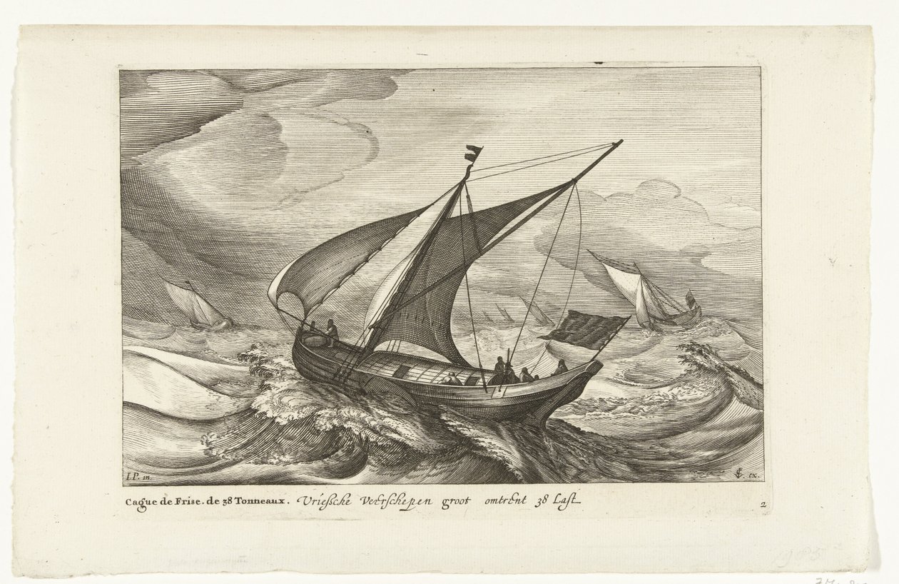 Frisiska färjor Vriesche Ferry fartyg stora ca 38 Last / Cague de Frise. The 38 Tonneaux (titel på objekt) Holländska skeppstyper, 1627 (serietitel) Diverse Navires Don to se sert dans les Provinces Unies / Icones Variarum Navium Hollandicarum av Robert de Baudous (possibly)