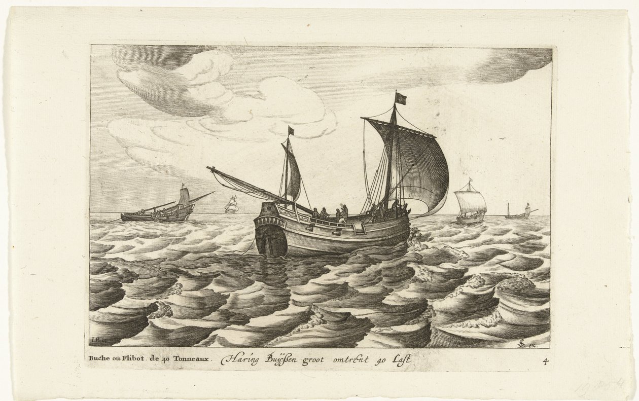 Haringbuizen Haring Buyssen groot om 40 Last / Buche ou Flibot de 40 Tonneaux (titel på objekt) Hollandse scheepstypen, 1627 (serietitel) Olika fartyg Don ton se sert dans les Unies Provinces / Ikoner för olika holländska fartyg vars användning av Robert de Baudous (possibly)