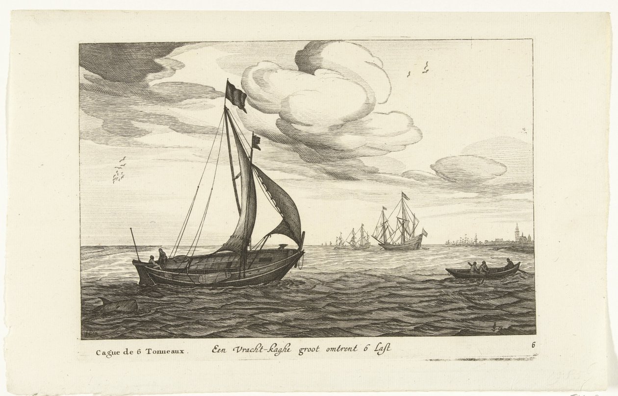 Vrachtkagen Een Vracht-kaghe groot om 6 Last / Cague de 6 Tonneaux (titel på objekt) Hollandse scheepstypen, 1627 (serietitel) Olika fartyg Don ton se sert dans les United Provinces / Ikoner för olika holländska fartyg vars användning mestadels är i en av Robert de Baudous (possibly)