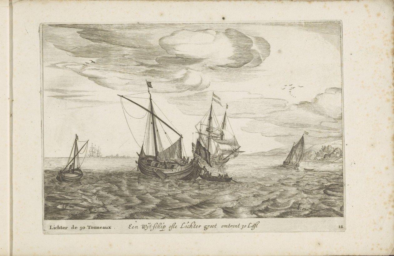 Wijdschip av lichter En Wyt-schip ofta Lichter groot ca 30 Last / Lichter de 30 Tonneaux (titel på objekt) Olika fartyg går inte på se sert dans les Provinces Unies av Robert de Baudous (possibly)