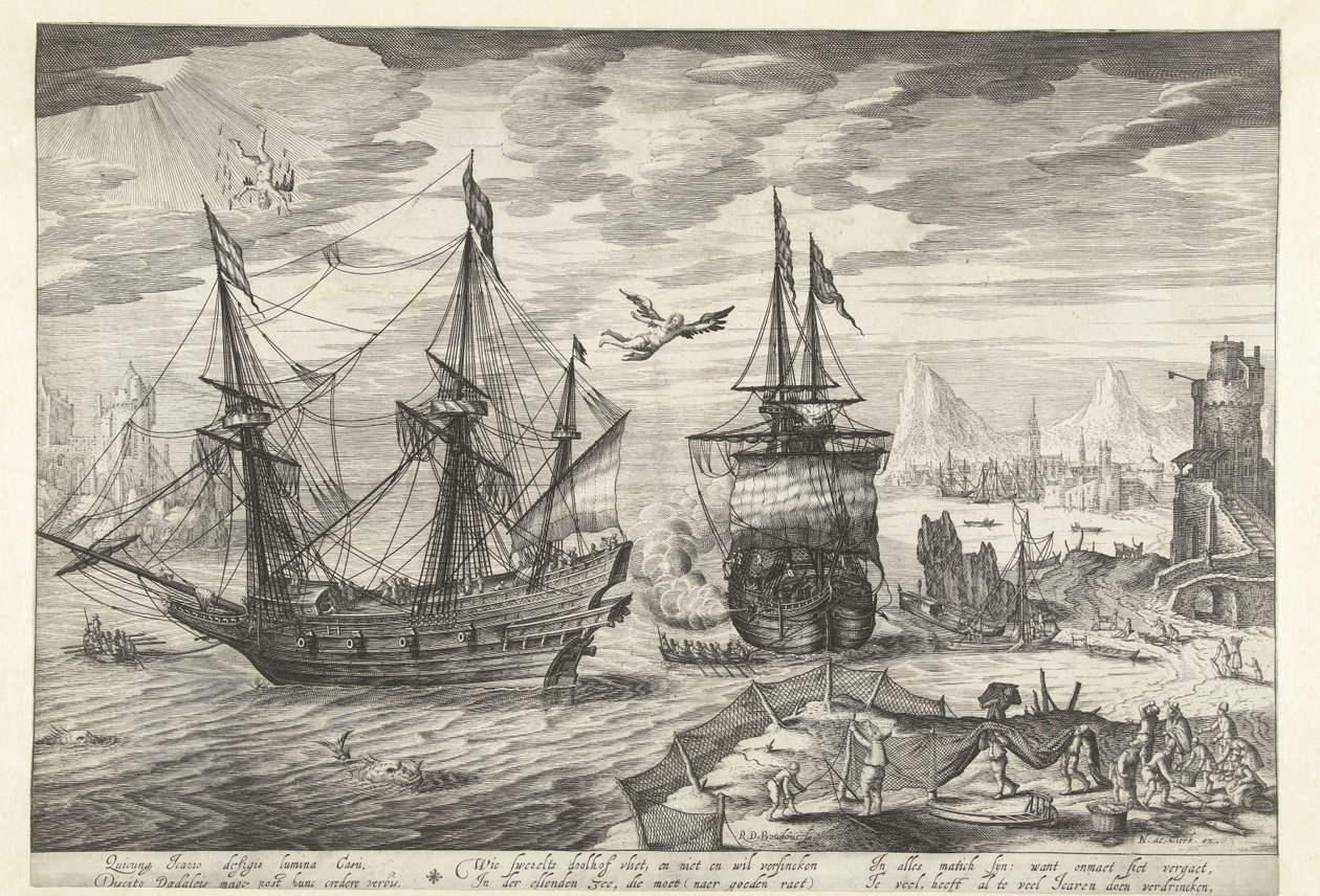 Hamn med skepp, på himlen Ikaros fall av Robert de Baudous