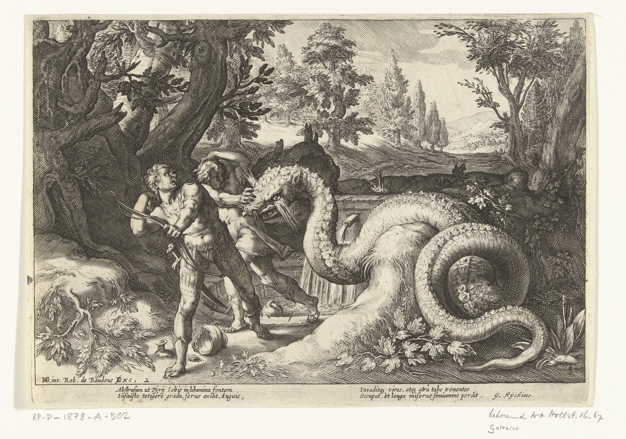 Kamrater till Cadmus slukade av en drake Ovidius metamorfoser (serietitel) av Robert de Baudous